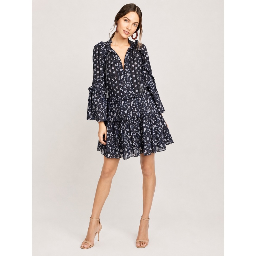 Ulla Johnson Essie Floral Ruffle Mini Dress Navy Boho Tiered Long Sleeve Size 6